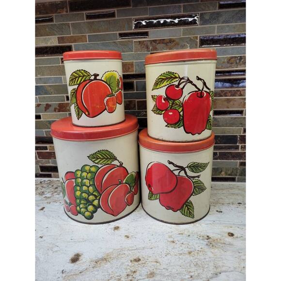 Set of 4 Vintage Ballonoff Canisters, Fruit Design Tin Containers, Kitchen Decor - Picture 2 of 7
